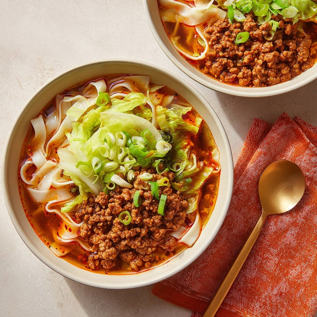 Two bowls of spicy ground meat udon are garnished with green onions and cabbage, served on a light background.