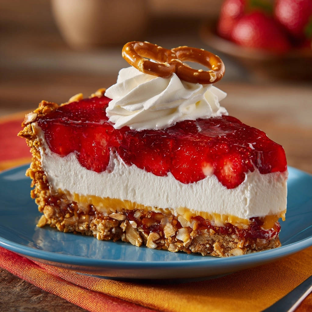 Strawberry Pretzel Pie Close Up Cross Section