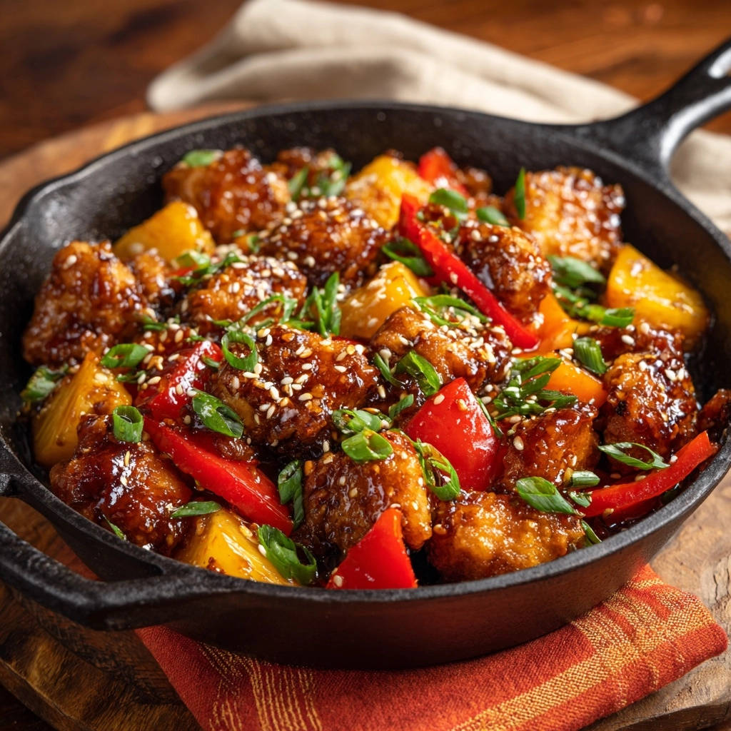 Sweet & Tangy Crispy Chicken with pineapple chunks, red bell peppers, and sesame seeds in a cast iron skillet.