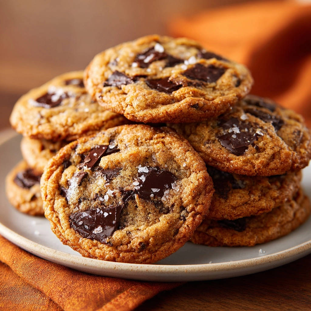 A stack of thick, chewy chocolate chunk cookies with large chocolate chunks and sprinkled sea salt on a light gray plate.