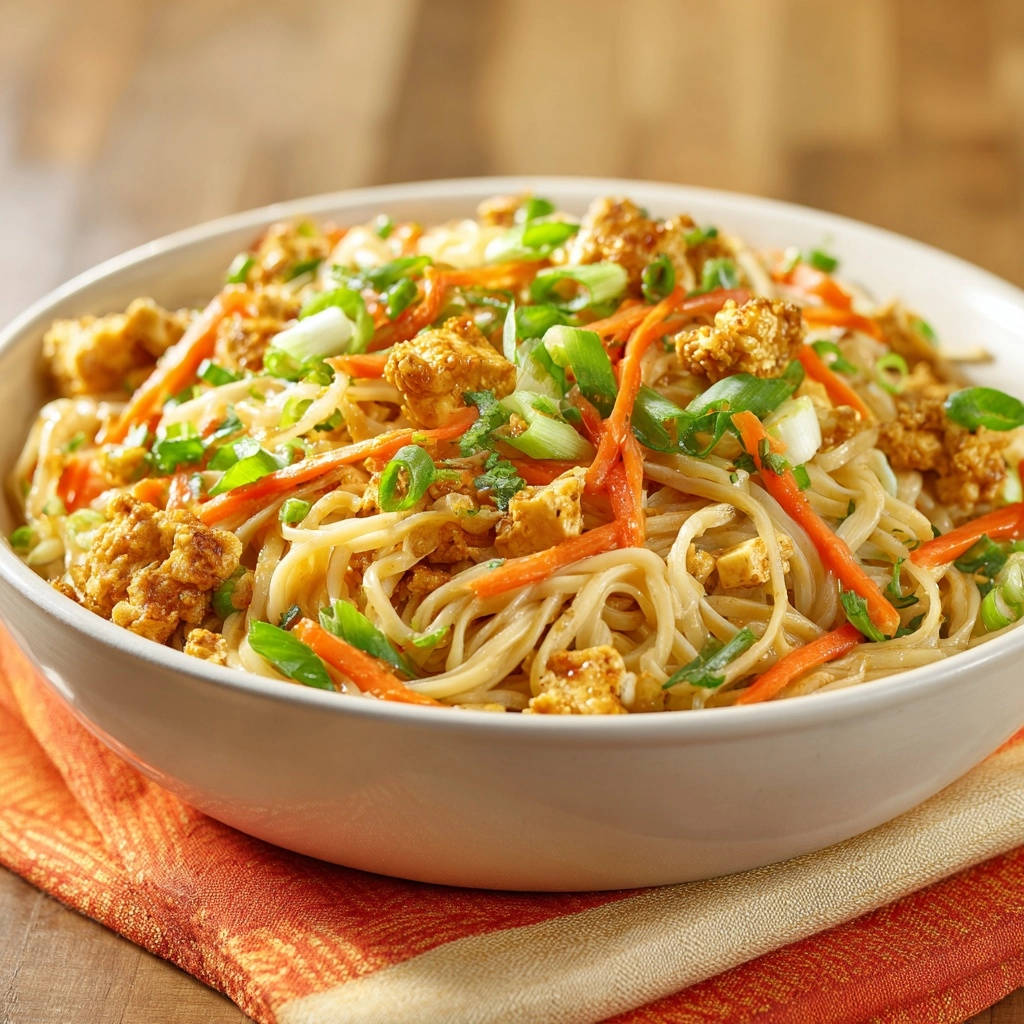 A bowl of tofu and veggie noodle stir-fry with carrots, green onions, and crispy tofu pieces.