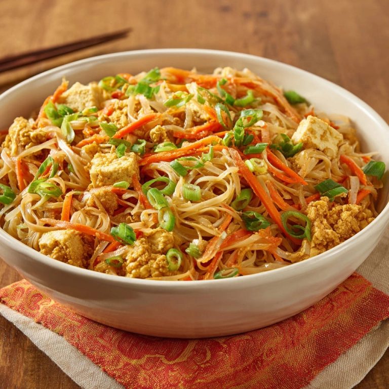 Tofu Veggie Noodle Stir Fry Close Up Bowl