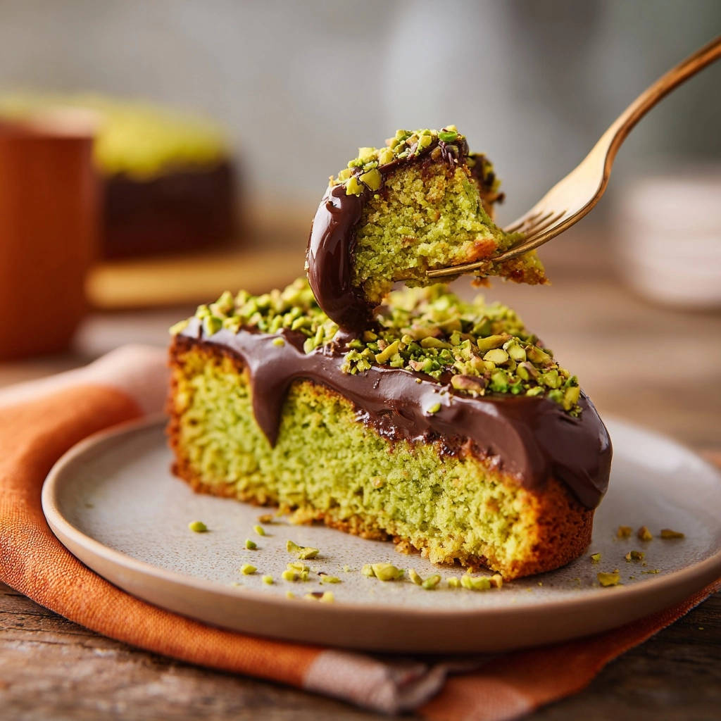 Ultimate Pistachio Cake Slice Chocolate Drizzle