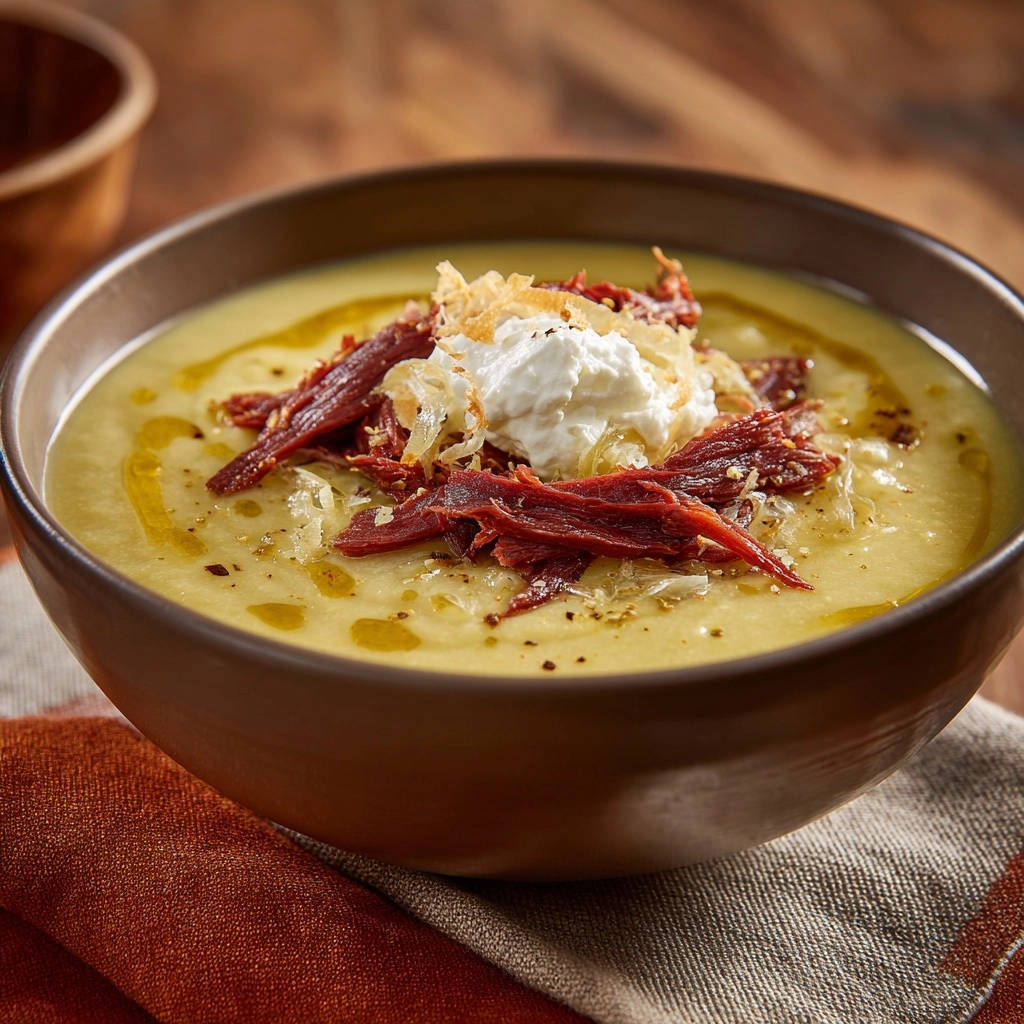 Velvety Green Puree Soup Burrata Cured Ham Close Up 1