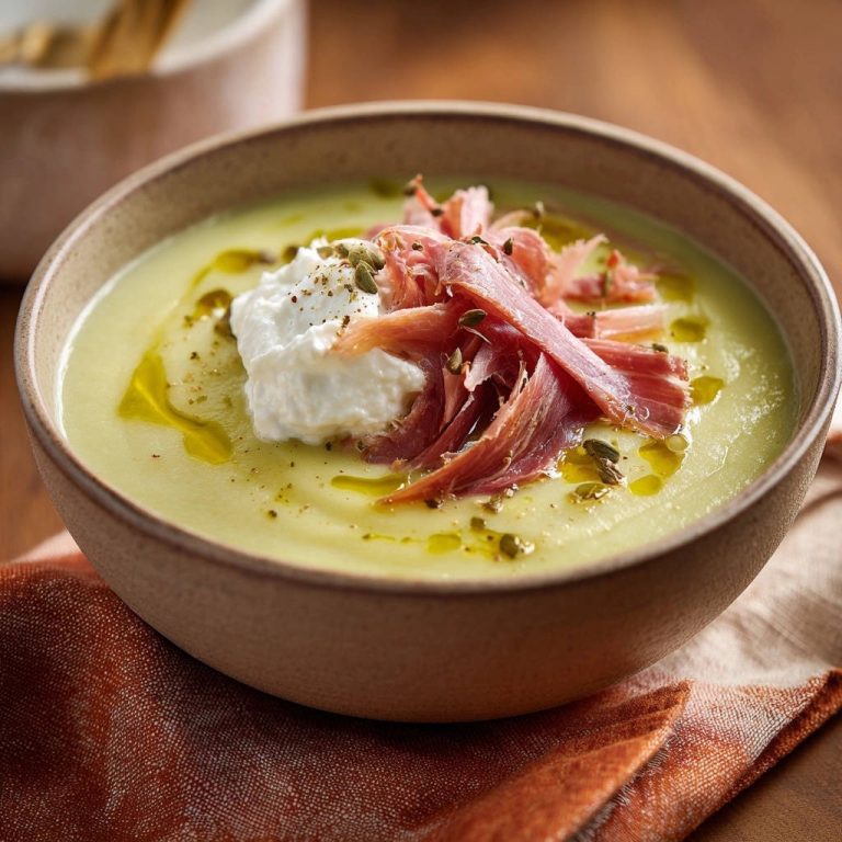 Velvety Green Puree Soup With Burrata Garnished