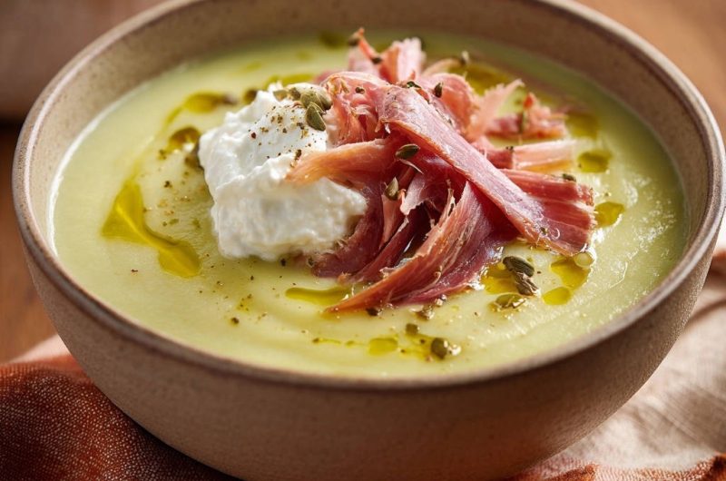 Velvety Green Puree Soup with Burrata and Cured Ham