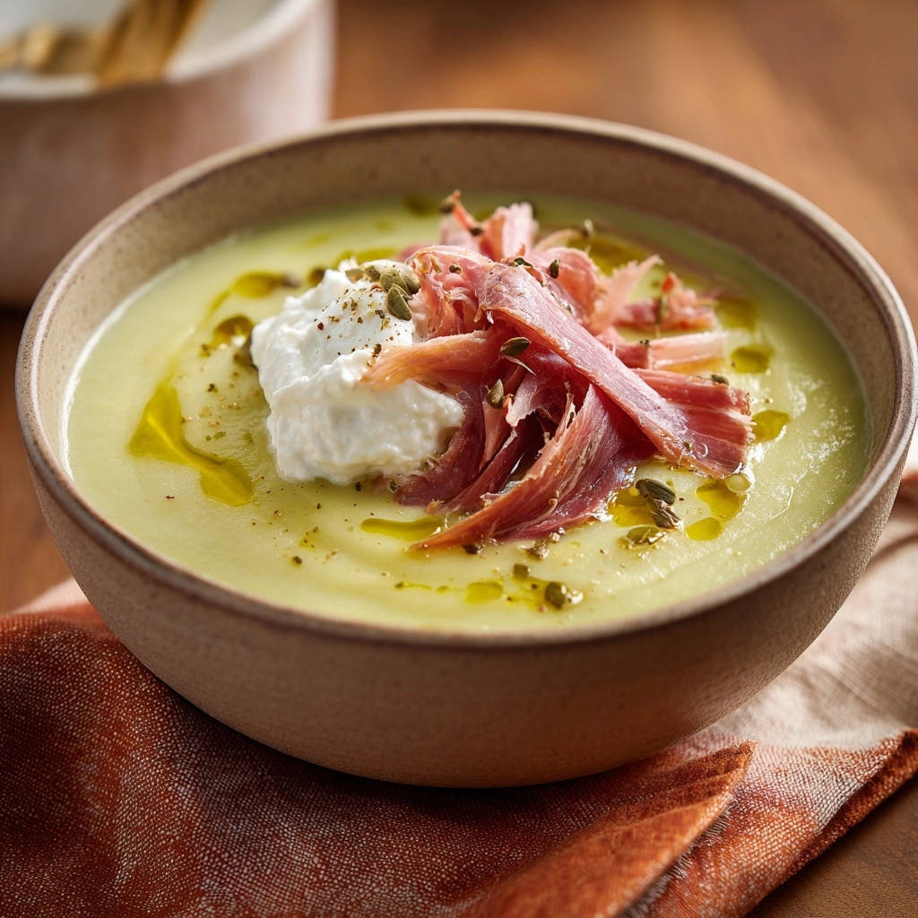 Velvety Green Puree Soup With Burrata Garnished