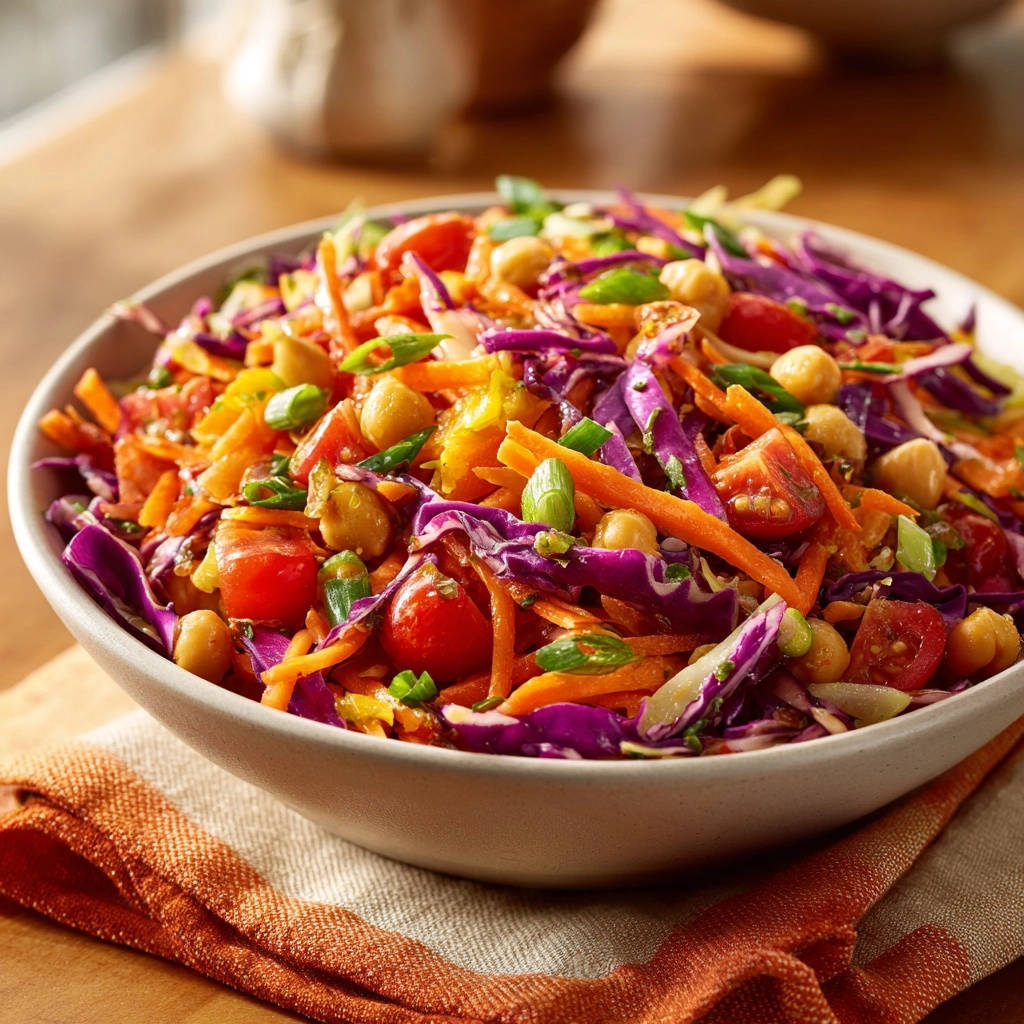 A close-up of a vibrant rainbow chickpea salad with shredded carrots, red cabbage, chickpeas, and tomatoes in a white bowl.