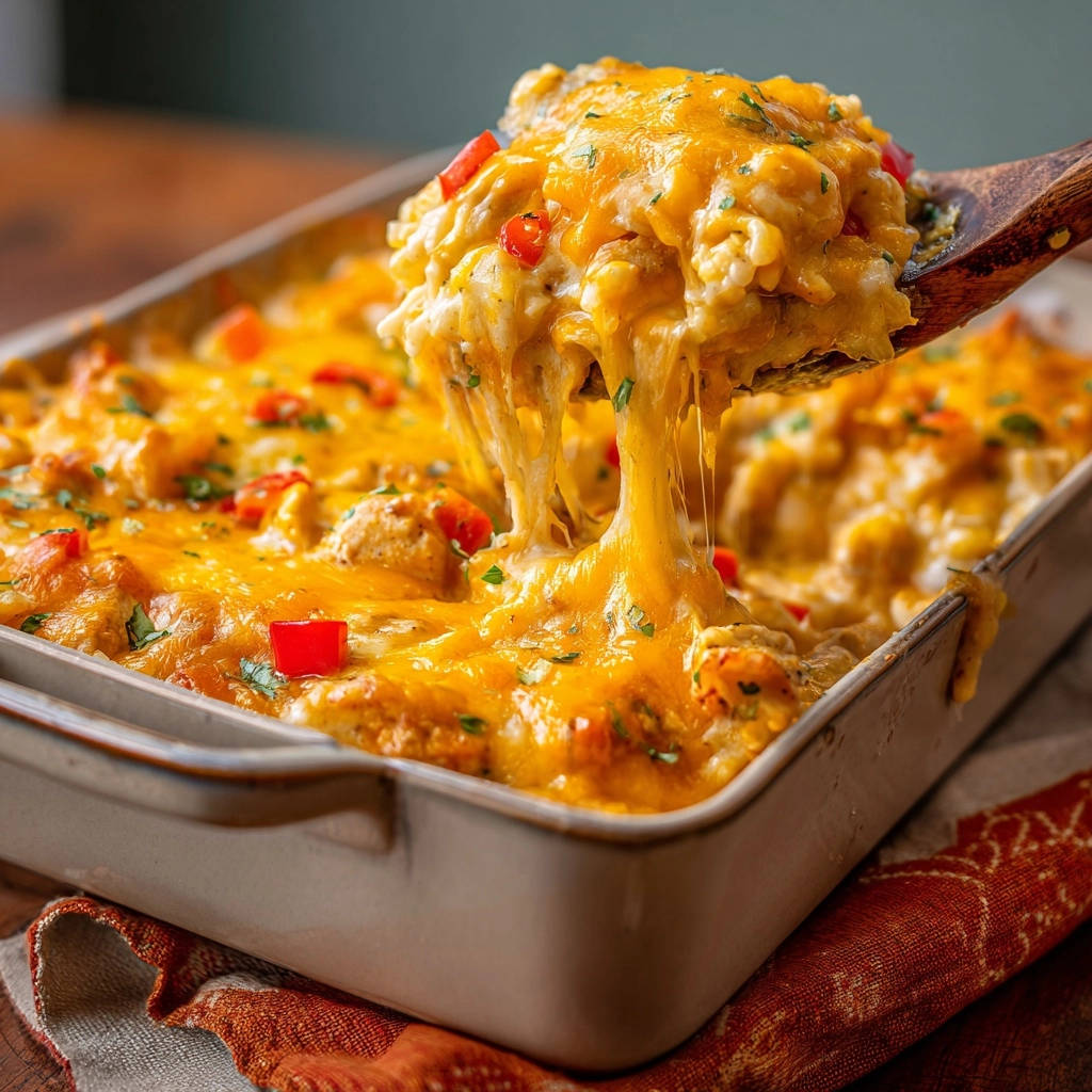 Cheesy Chicken Rice Bake Cheese Pull