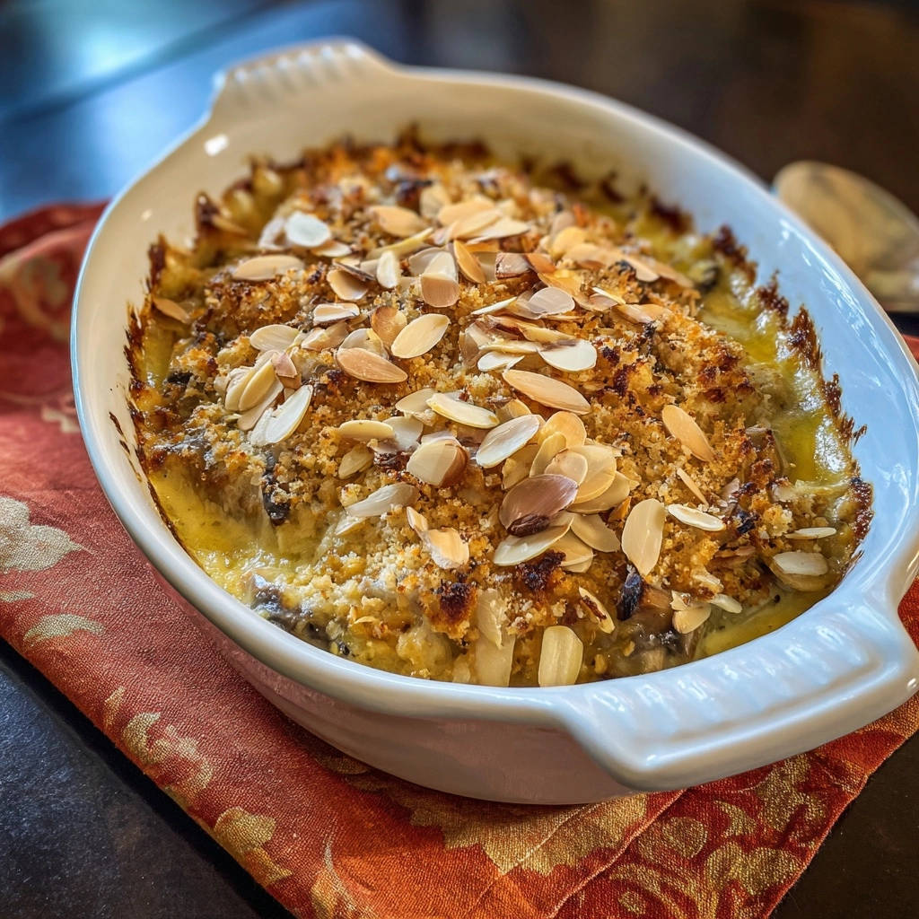 Creamy Chicken Mushroom Crumble Almond Topping Detail