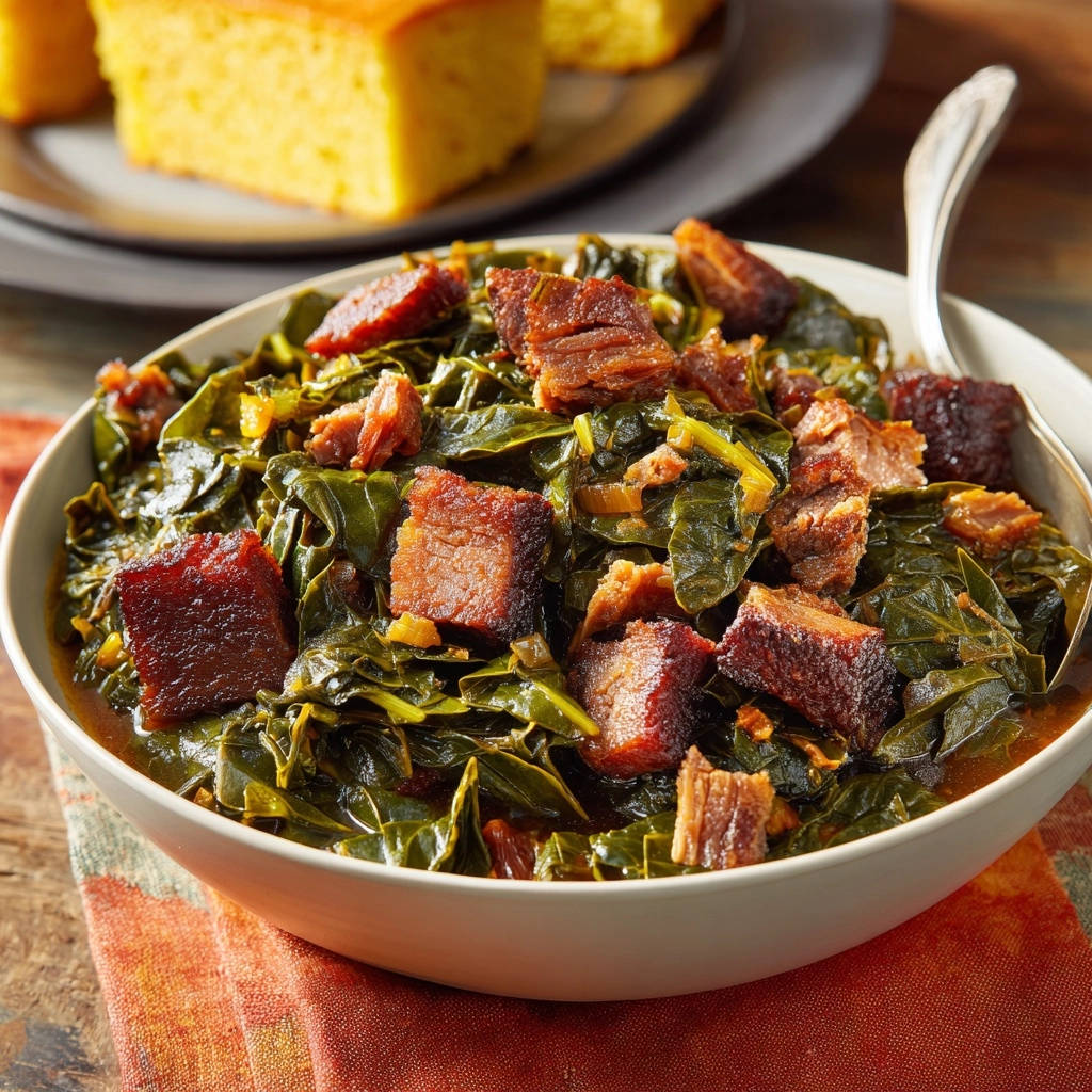 Smoked Turkey Collard Greens Close Up Detail 1