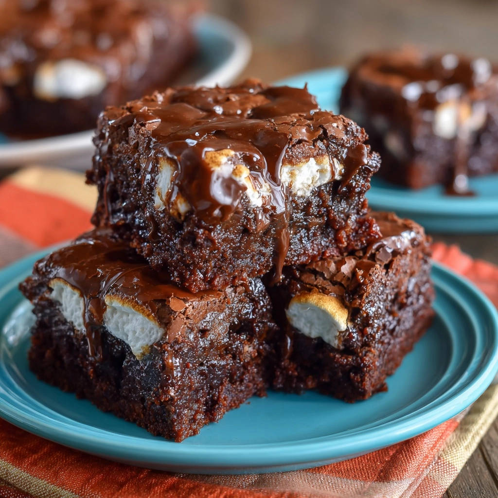 Ultimate Marshmallow Drizzle Brownies Stacked On Plate